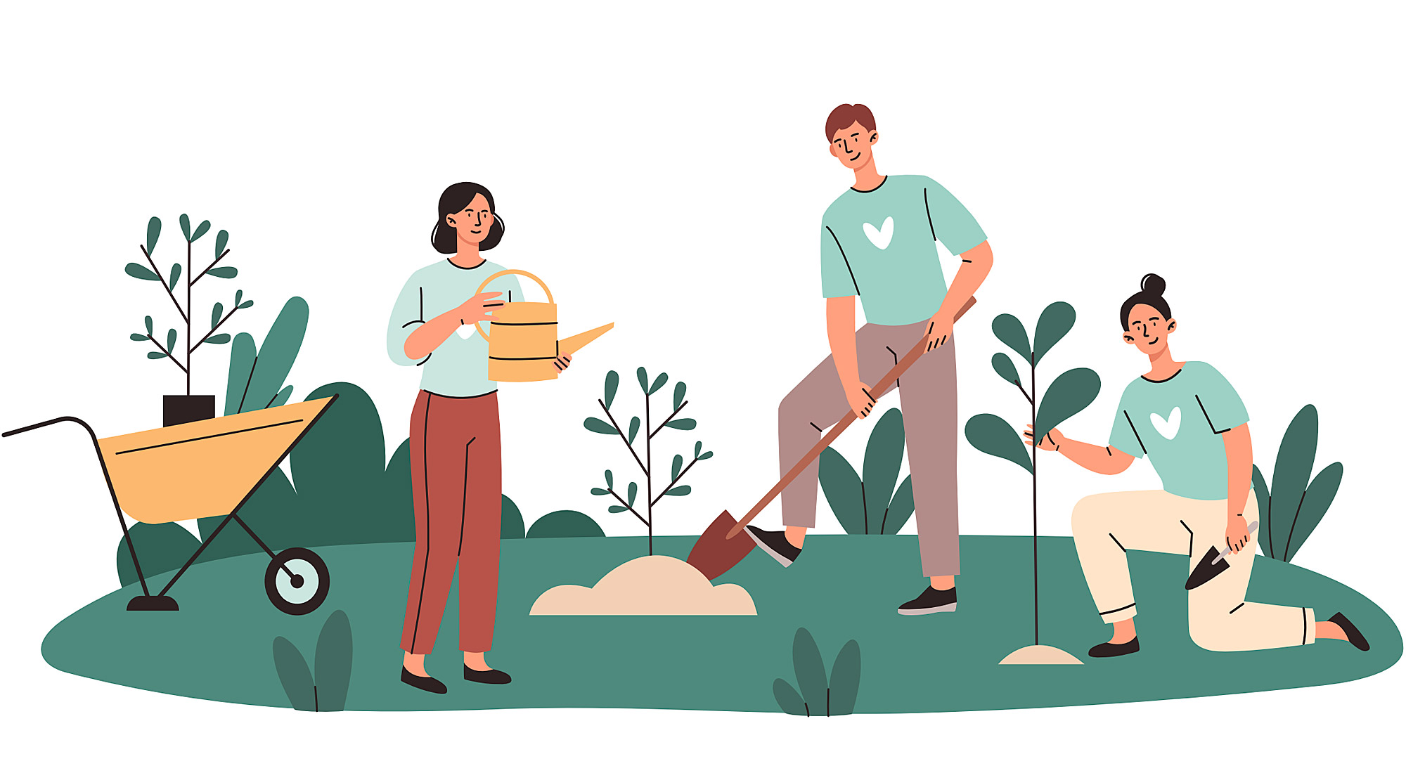 Piirretty kuva, jossa kolme ihmistä tekee puutarhatöitä.