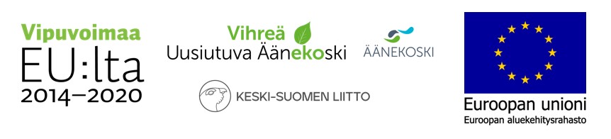 Kuvassa Äänekosken kaupungin, Vihreä Uusiutuva Äänekoski -hankkeen, Euroopan aluekehitysrahaston sekä Keski-Suomen liiton logot.