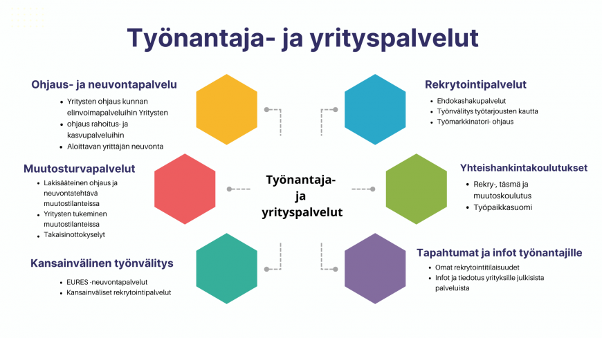 Kuviona Työnantaja- ja yrityspalvelut. Ohjaus- ja nauvontapalvelu, Muutosturvapalvelu, Kansainvälinen työnvälitys, Tapahtumat ja infot työnantajille, yhteishankintakoulutukset, Reksrytointipalvelut. Nämä teemat ympyrässä eriväristen kuvioiden kohdalla.