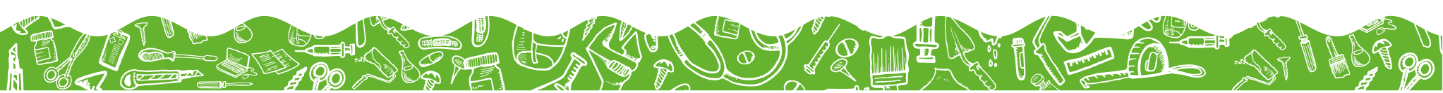 Vihreä aaltokuvio, jossa on erilaisia piirrettyjä valkoisia työkaluja eri aloilta.