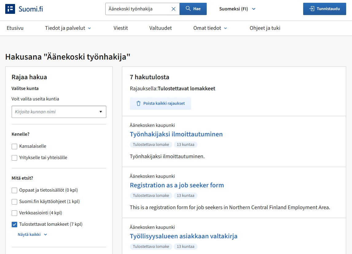 Esimerkkikuva Suomi.fi -sivuston hakutoiminnosta. Kuvassa on haettu hakusanoilla Äänekoski työnhakija ja laitettu rajaukseksi lomakkeet.