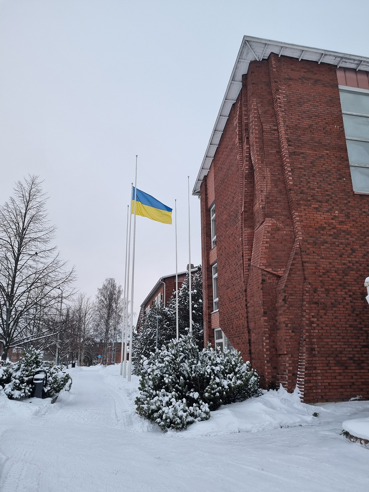 Ukrainan lippu kaupungintalon salossa.