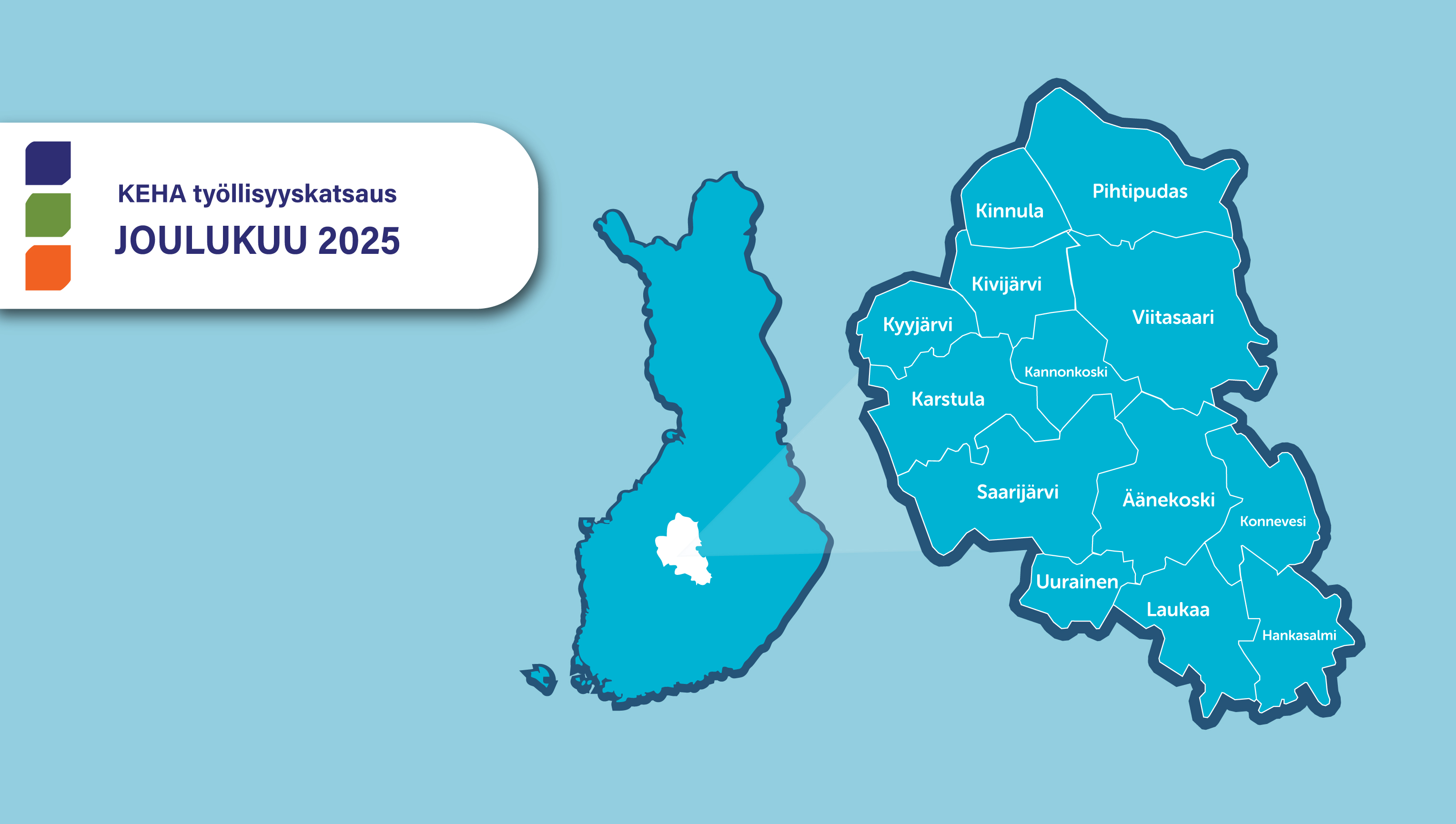 Suomen kartta, jossa keskellä vaaleammalla työllisyysalue. Vieressä tarkempi kartta, jossa näkyy työllisyysalueen kunnat.